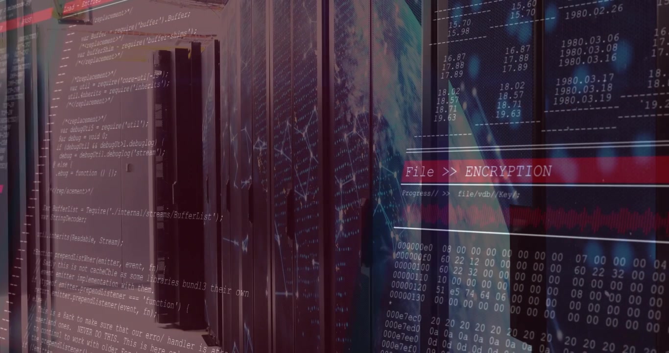 Translucent red overlay tinting corridor initiating encryption code scrolling on server cabinets