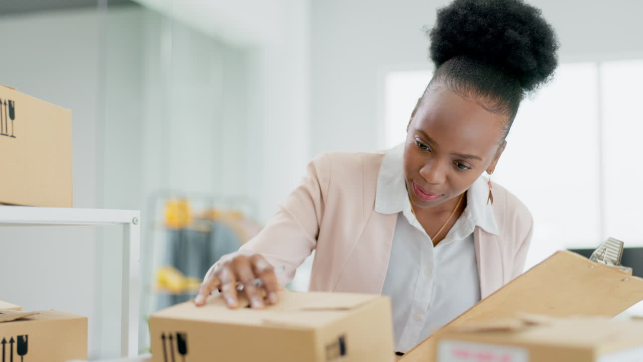 Black woman, logistics and inspection on boxes