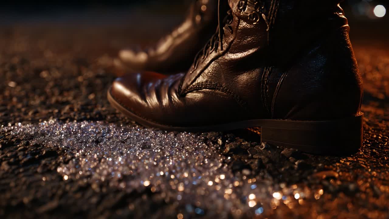 A Close-Up View of Stylish Brown Leather Boots Against a Textured Ground, Showcasing the Glimmer of Water Droplets under Dim Ambient Light, Capturing an Atmospheric Evening Scene