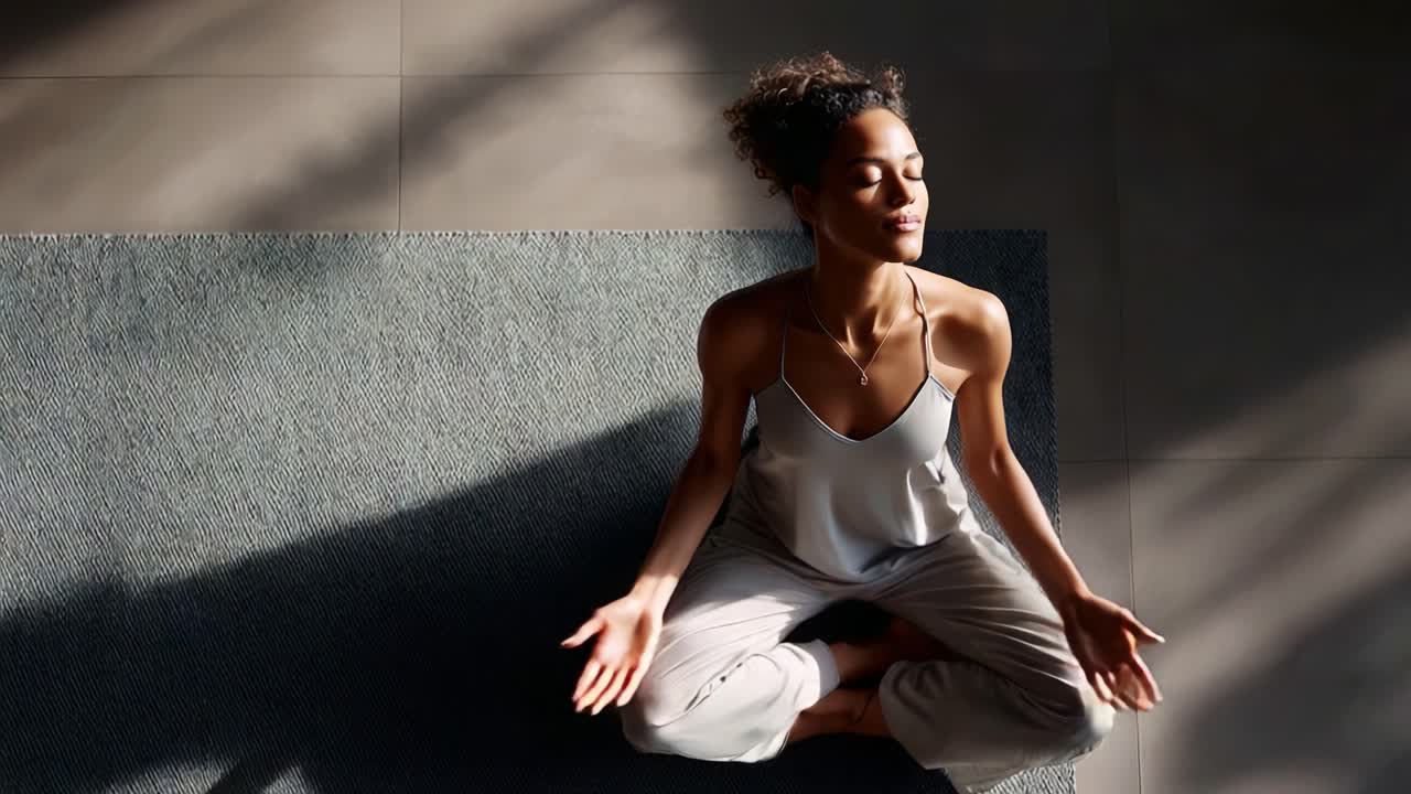 A Tranquil Moment: A Young Woman Meditating in Natural Light, Emphasizing Serenity and Inner Peace With a Calm Expression in a Comfortable Space on a Soft Surface