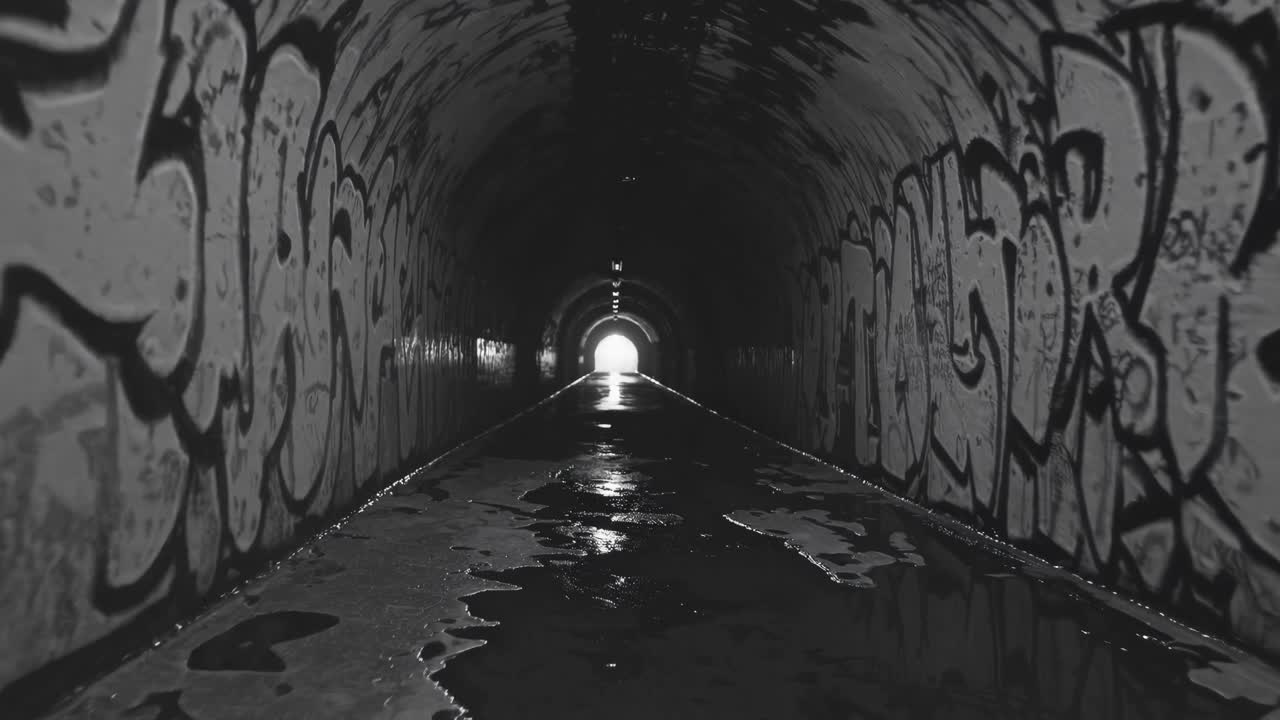 Light illuminating the end of a dark tunnel, adorned with vibrant graffiti, reflecting on the damp floor, creates a striking contrast of hope and escape