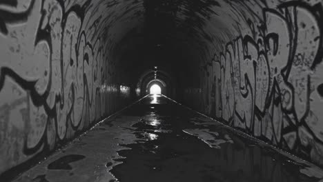 light illuminating the end of a dark tunnel, adorned with vibrant graffiti, reflecting on the damp floor, creates a striking contrast of hope and escape