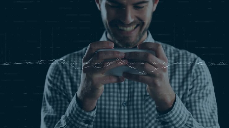 Statistical graphs over caucasian man using smartphone against black background