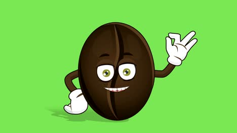 grano de café de dibujos animados ok gesto de la mano con animación de la cara alfa mate