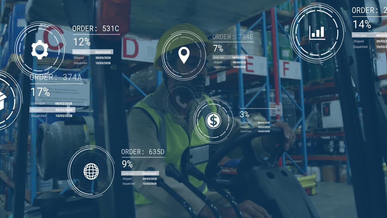 animación de procesamiento de datos digitales sobre un hombre biracial que trabaja en un almacén