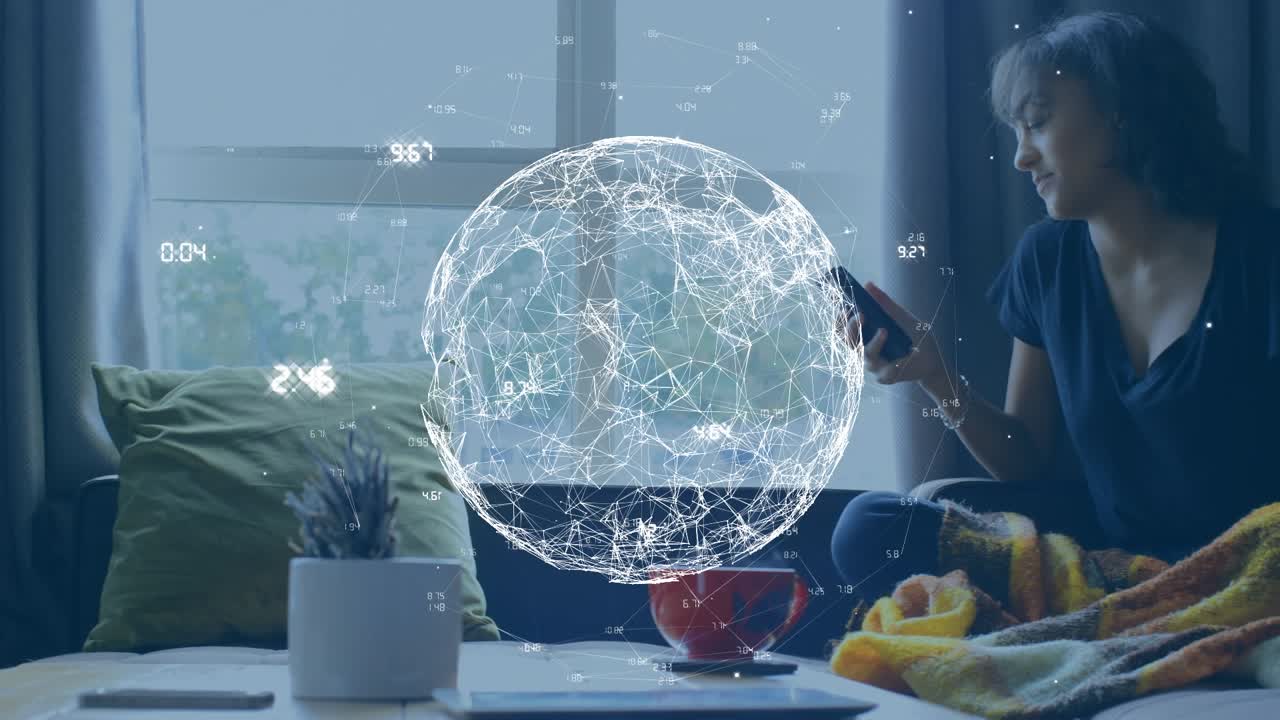 Animation of globe with numbers over diverse business people talking