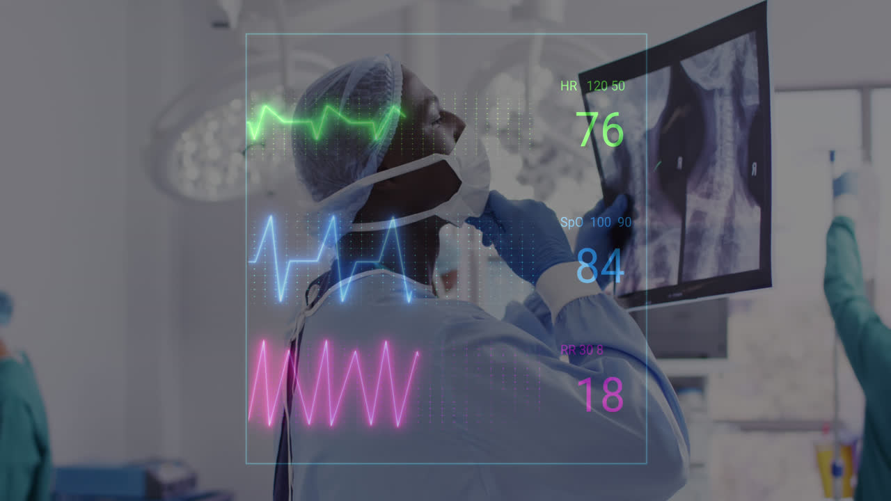 animación de las lecturas de signos vitales sobre cirujano afroamericano estudiando rayos x
