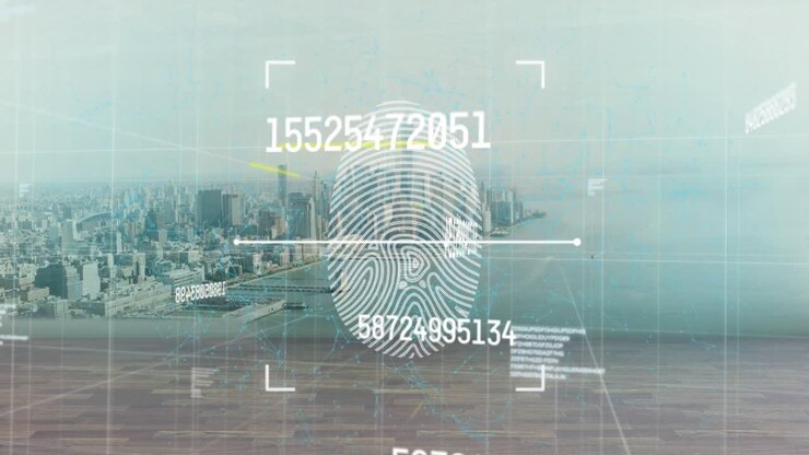 Animation of data processing and fingerprint over cityscape