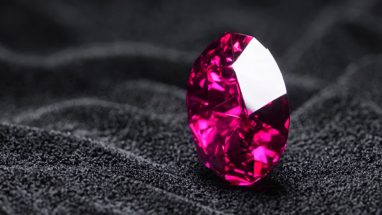 Close-up video shot of a vibrant pink gemstone on textured black sand, highlighting its facets