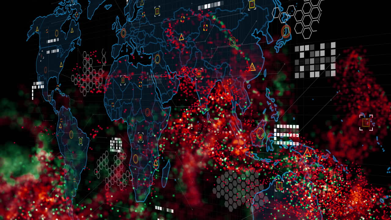 Digital animation of world map with red and green data points and networks