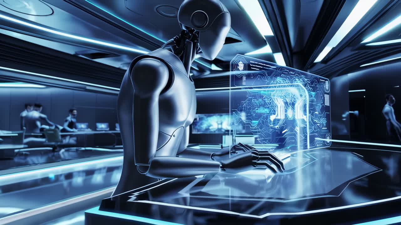 Robots working in a futuristic control room