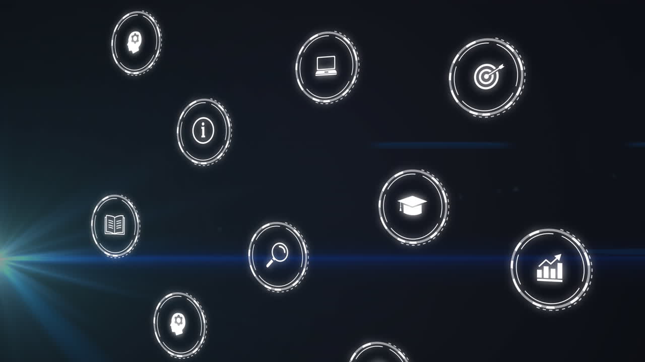 Animation of icons and data processing over black background