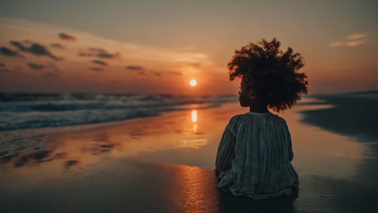 A Serene Beach Sunset: A Child with Curly Hair Embracing the Tranquility of the Ocean Waves as the Sun Sets on the Horizon in a Golden Hour