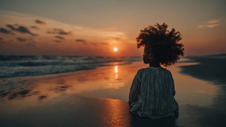 A Serene Beach Sunset: A Child with Curly Hair Embracing the Tranquility of the Ocean Waves as the Sun Sets on the Horizon in a Golden Hour