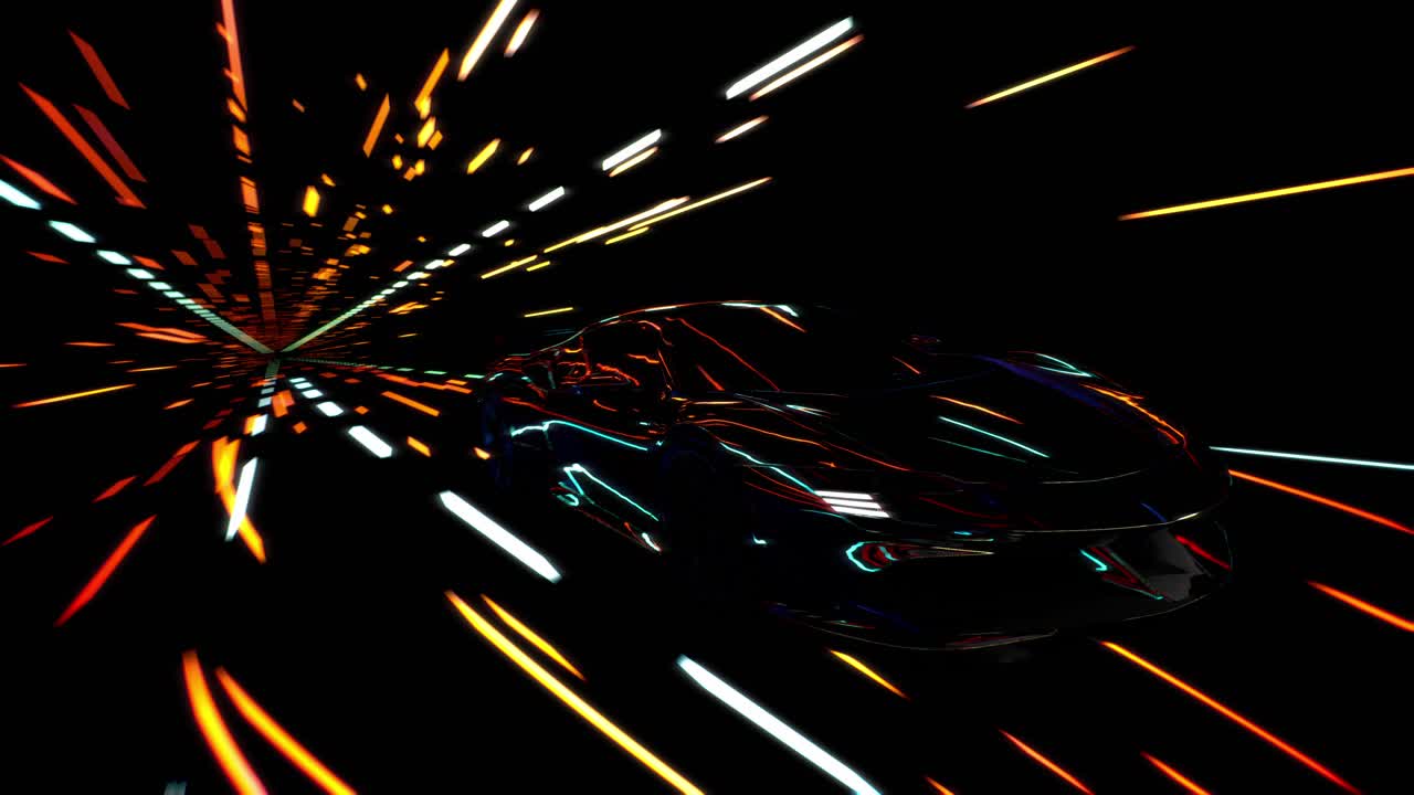 3D Speeding Sports Car On Neon. Powerful Acceleration Of A Supercar On A Night Track With Colorful Lights And Trails. 3D Animation