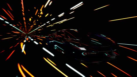 3d speeding sports car on neon. powerful acceleration of a supercar on a night track with colorful lights and trails. 3d animation