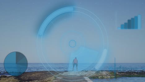 animation of network of connections over senior african american man stretching at beach