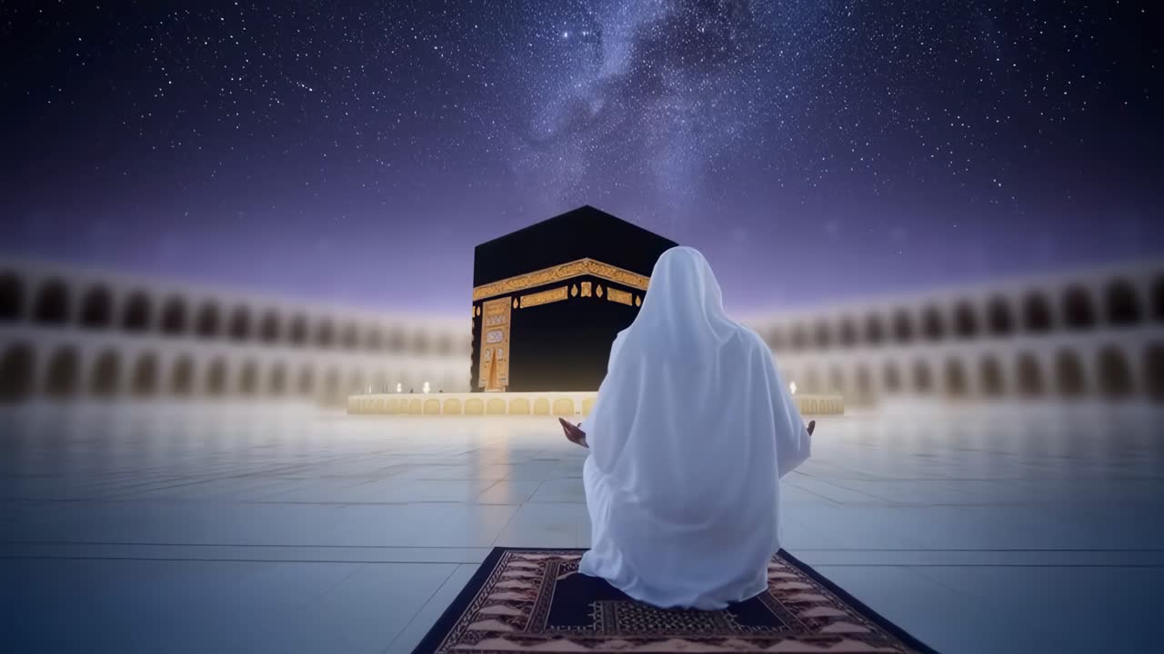 Video da angolazione bassa di una persona che prega di notte di fronte alla Kaaba sotto un cielo stellato
