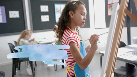 painting on canvas, girl in striped shirt and apron in classroom animation