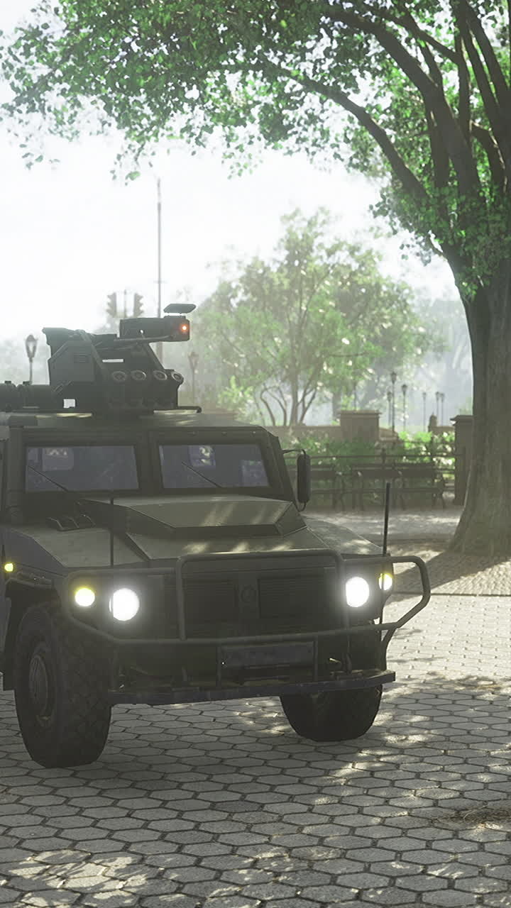 Military vehicle patrols a serene park under soft morning light