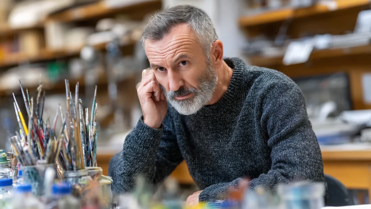 A Thoughtful Artist Reflecting on His Work: Capturing the Creative Process of a Painter in a Studio Filled with Brushes and Paints