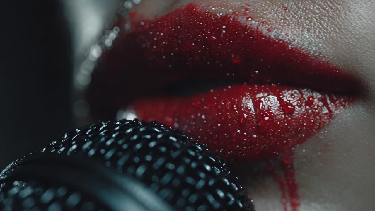 Intense Close-Up of Glossy Red Lips with a Microphone, Capturing the Raw Energy and Passion of a Performer's Voice in a Dramatic Lighting Scene