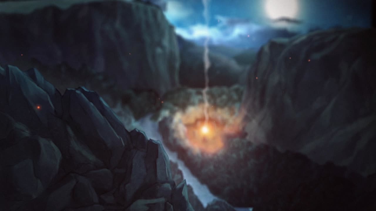 A fantasy landscape with a fire in the middle of a river and a whirlwind of smoke in the sky