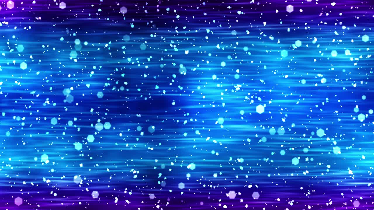 박이는 입자와 함께 럭셔리 반이는 조명. 반이는 빈티지 루프 애니메이션. 원형. 육각형. 선형. 화면 장식 개념. 파란색과 보라색.