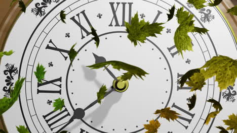 Animación-De-Hojas-De-Otoño-Sobre-Reloj-En-Movimiento.