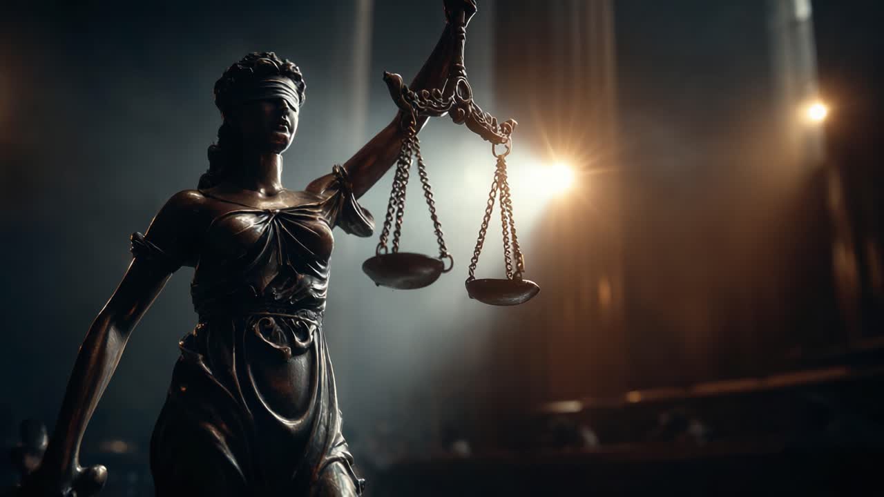 A Majestic Representation of Justice: A Close-Up on the Blindfolded Lady Justice Holding Scales in a Dimly Lit Courtroom Setting