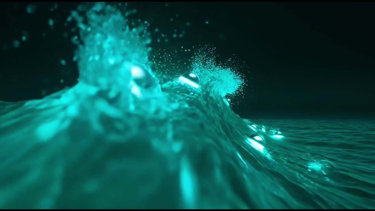 Abstract Animation of Glowing Spheres on Dark Teal Waves