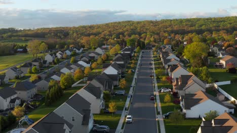 aerial of modern american homes lining tree in traditional usa suburb