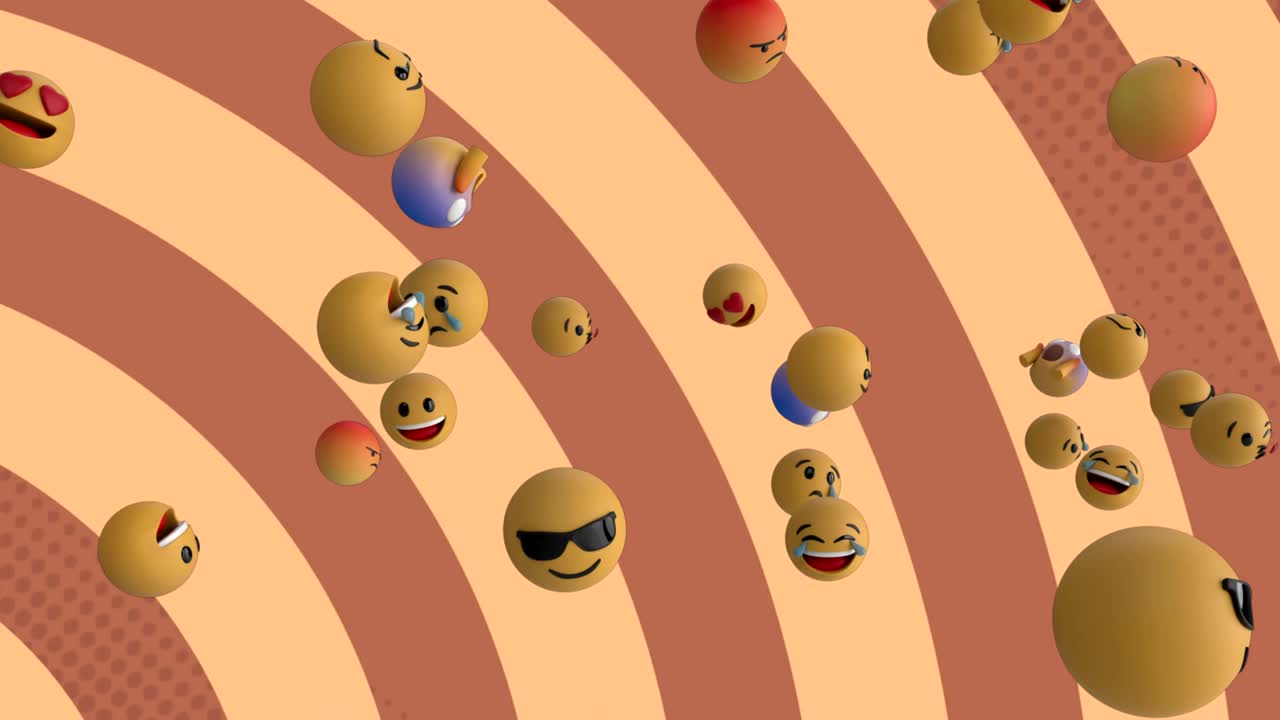 Animation of multiple emoji icons floating on rotating in seamless loop