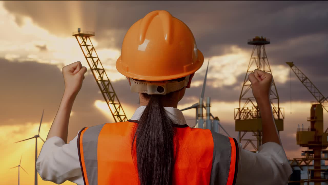 vista posterior cercana de una ingeniera con casco de seguridad levantando las manos celebrando mientras trabaja con la producción de hidrógeno