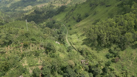 Aufnahme-Einer-Luftdrohnenaufnahme-Mit-Blick-Auf-Das-Tal-In-Demodara,-Während-Ein-Dieselzug-In-Sri-Lanka-Entgegenfährt