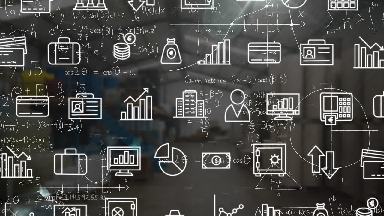animación de iconos de negocios sobre ecuaciones matemáticas