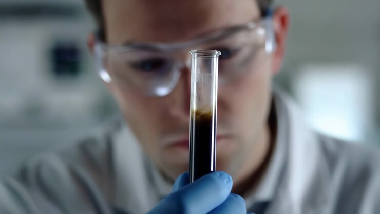 Blue gloved hand steadies a clear test tube containing dark brown liquid while a person in safety eyewear closely observes the sample against softly blurred laboratory equipment.