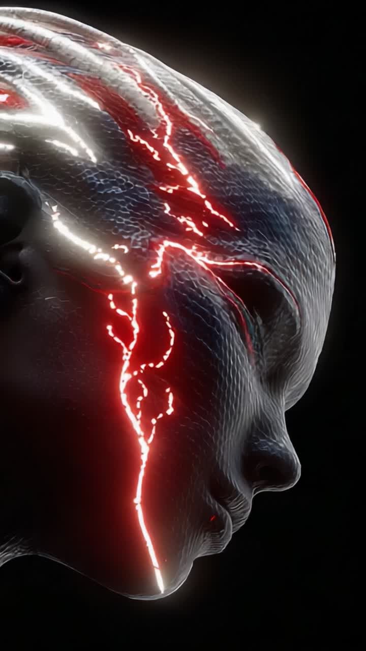 Abstrakt fremstilling av et biomekanisk hode med opplyste nevrale veier som avslører intrikate mønstre og teksturer i en futuristisk estetikk