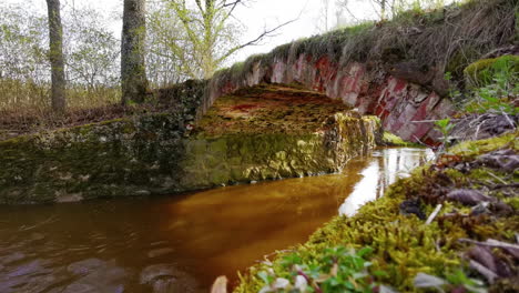 brick and stone arch bridge crossing a calm, flowing river in a serene natural environment