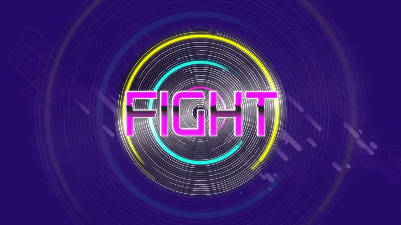 Animazione del testo "fight" su scansione a mirino su sfondo viola.