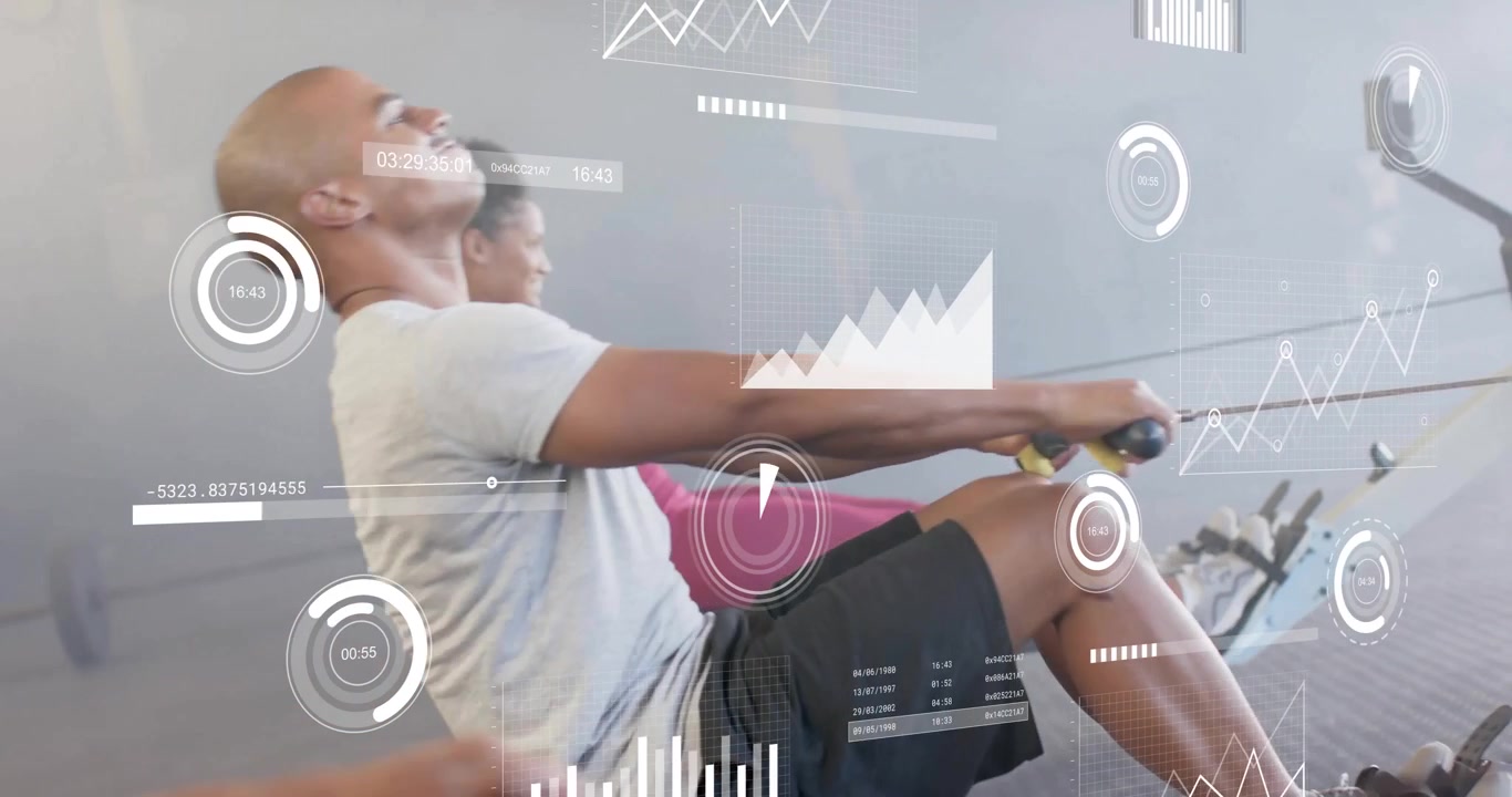 Animation of financial data processing over diverse people using indoor rower on gym