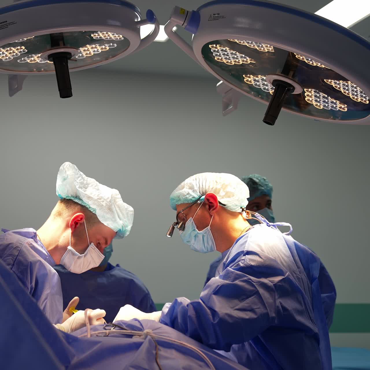 Professional surgeons team conducting operation under big lamps. Approaching the doctor wearing caps and mask at work