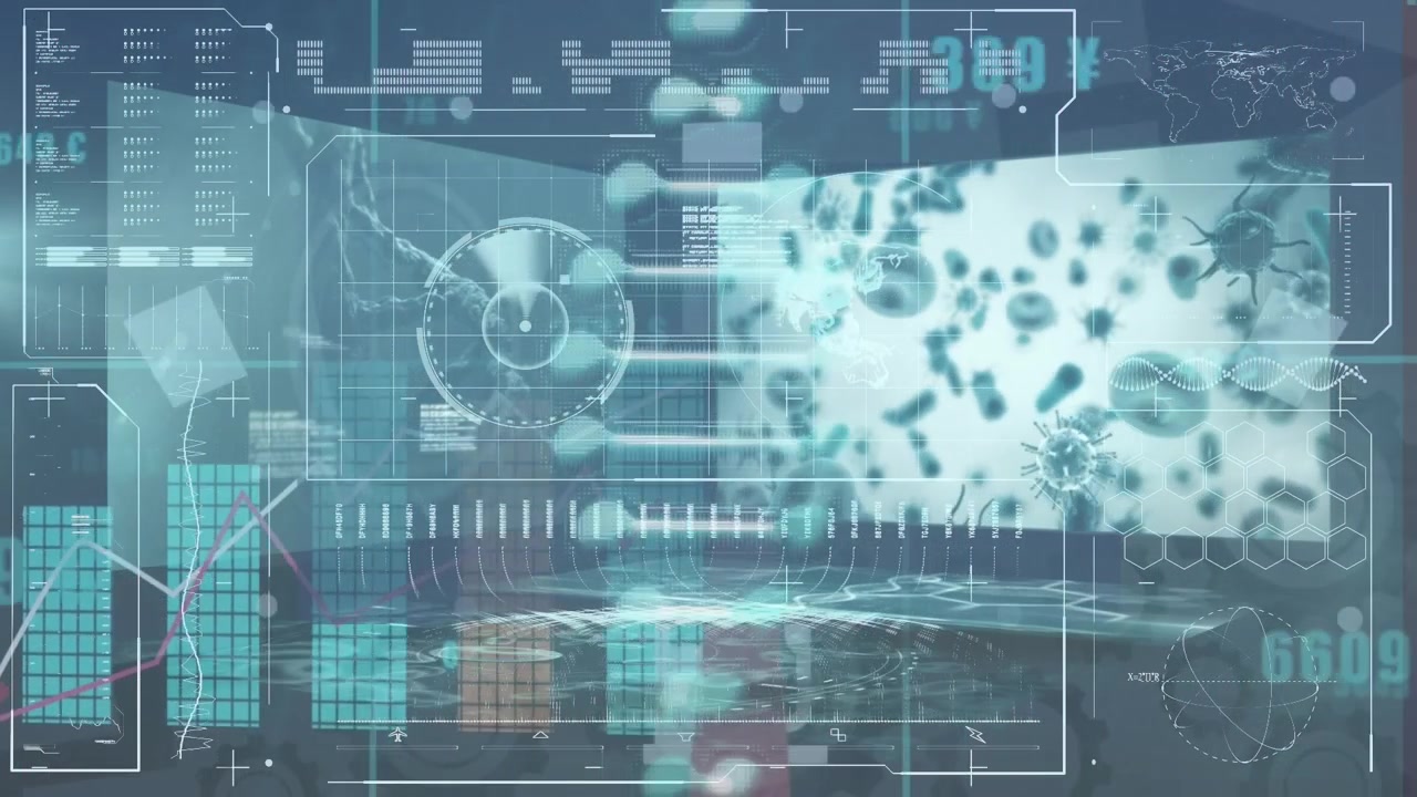 Animation of dna helix over infographic interface with bar graphs and cancerous cells
