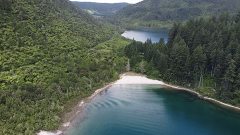 4k drone shot of small beach surrounded by a forest