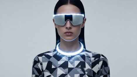 futuristic elegance: a stylish model showcasing cutting-edge wearable technology with led-illuminated accessories and geometric patterns in a minimalistic setting