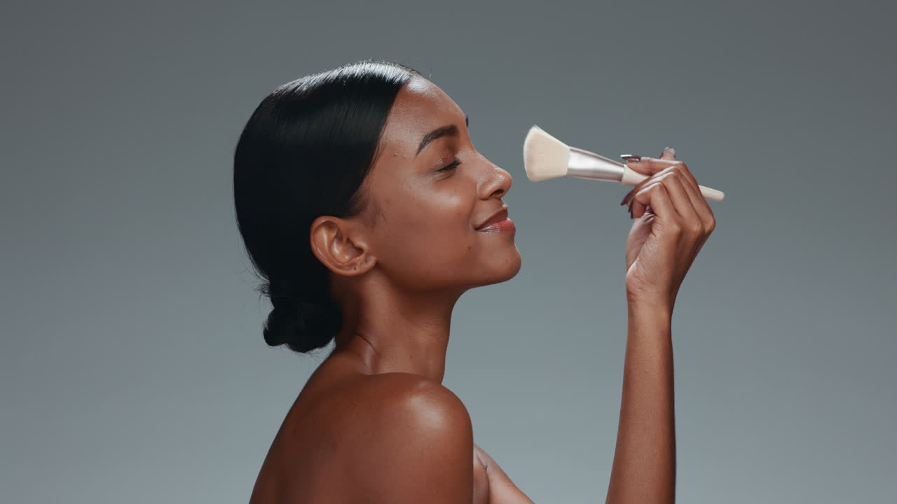 Makeup brush, face and woman apply on nose