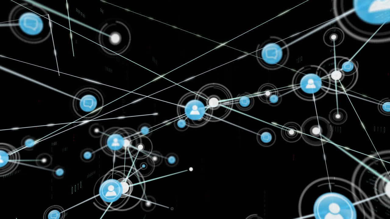 animación de la red de conexiones con iconos sobre el procesamiento de datos sobre fondo negro