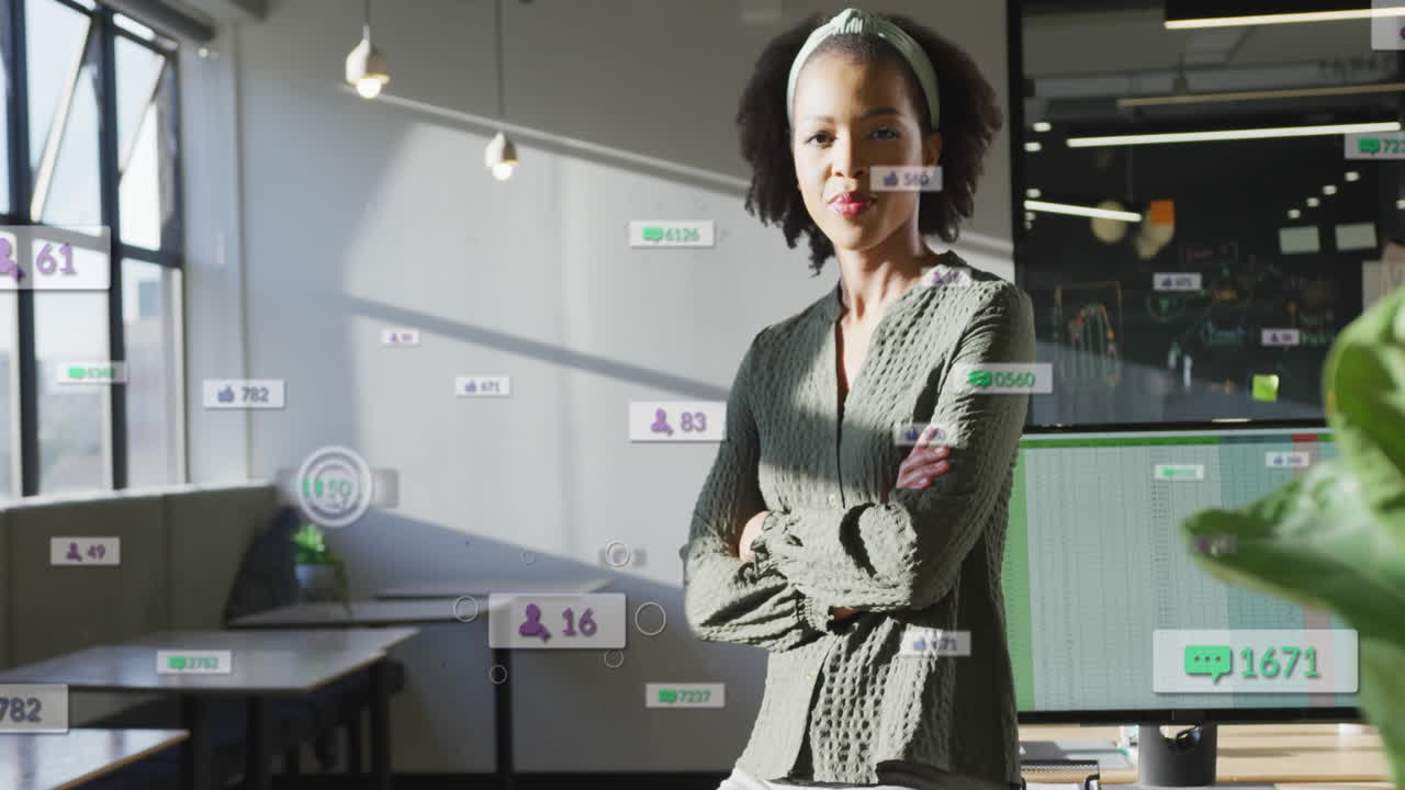Animation of multiple notification bars over smiling biracial woman sitting arms crossed on desk