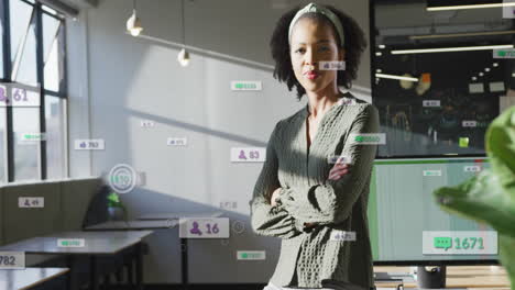 Animation-of-multiple-notification-bars-over-smiling-biracial-woman-sitting-arms-crossed-on-desk