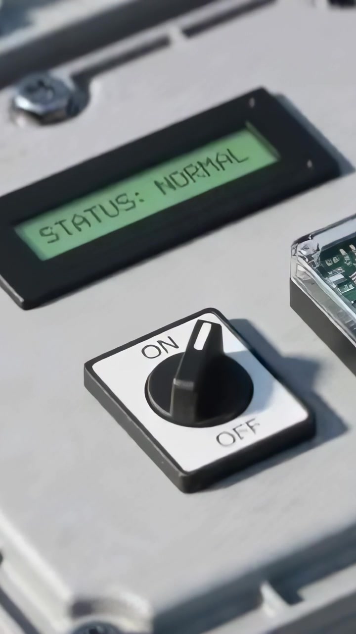 Vertical video: Camera nudging while panel showing STATUS:NORMAL in cabinet, checking ON or OFF swit